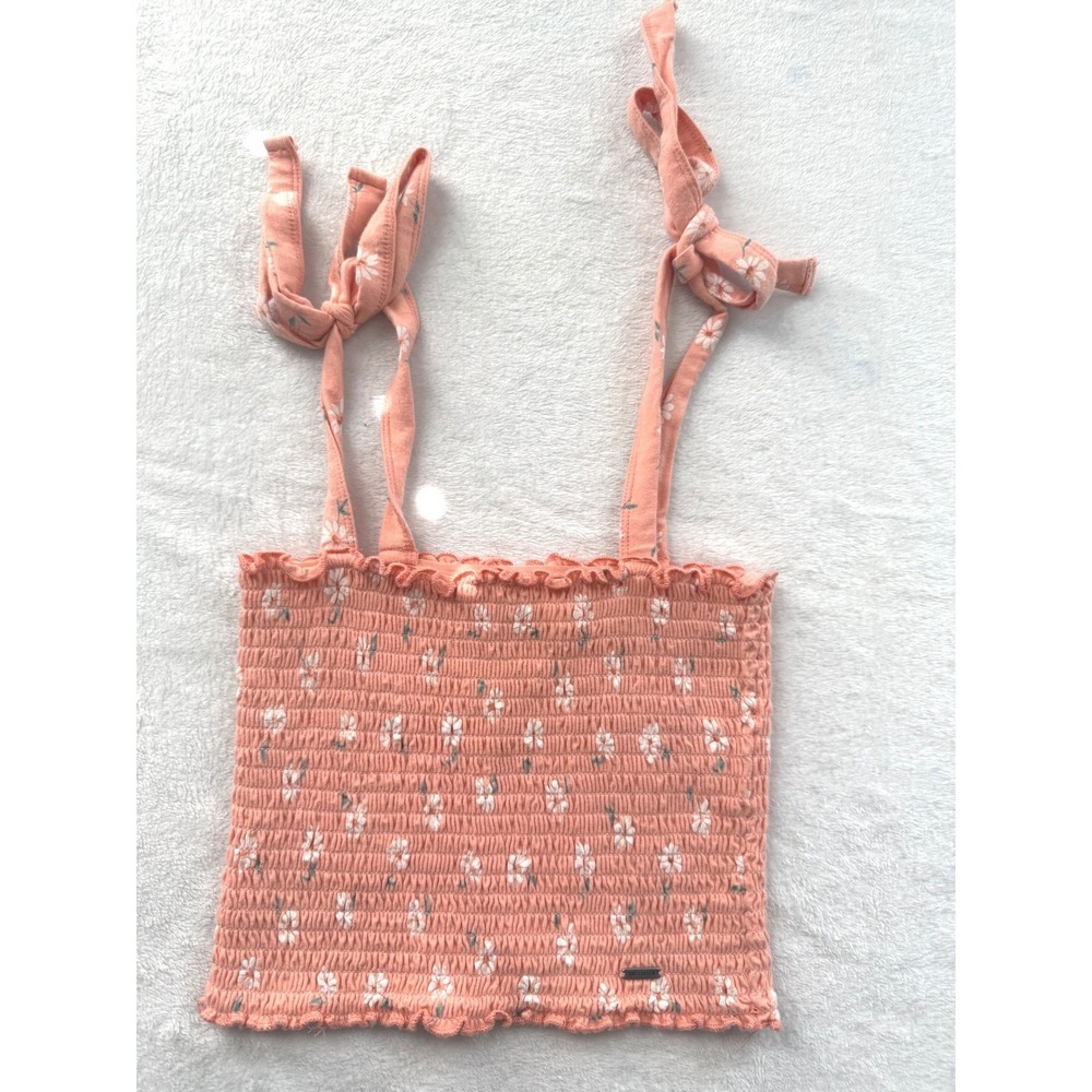 Hollister Smocked Tank Top Womens XS Peach Pink Daisy Floral Tie Strap Crop Cami